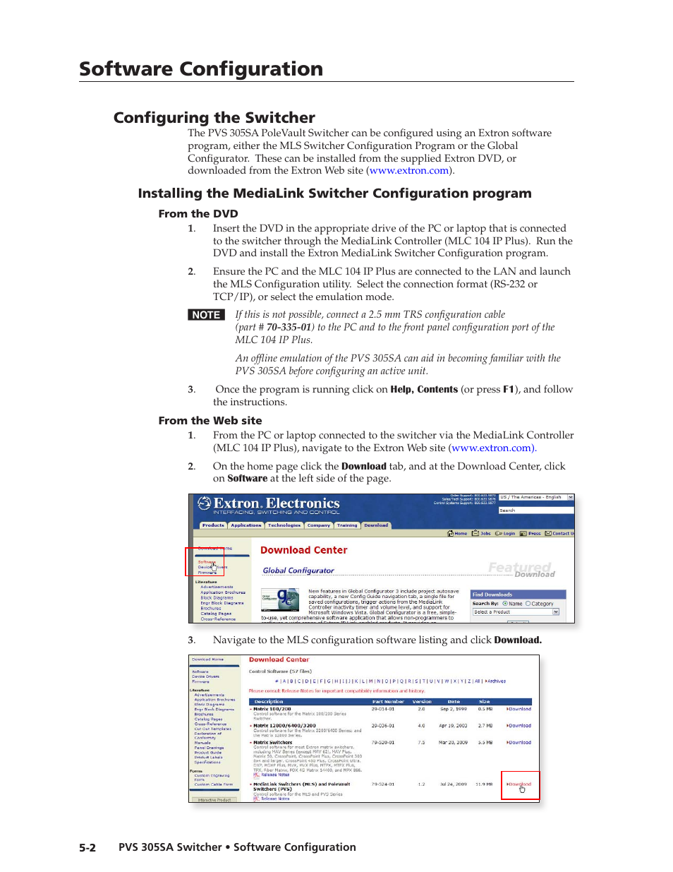 Configuring the switcher, From the dvd, From the website | Installing the medialink, Switcher configuration program -2, From the dvd -2 from the web site -2, Software configuration | Extron Electronics PVS 305SA User Guide User Manual | Page 42 / 56