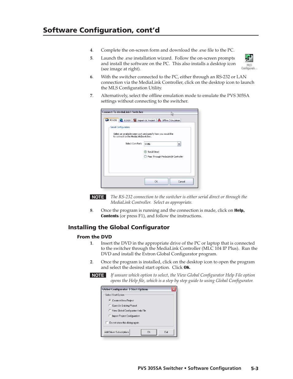 Installing the global configurator, From the dvd, Installing the global configurator -3 | From the dvd -3, Software configuration, cont’d | Extron Electronics PVS 305SA User Guide User Manual | Page 43 / 56