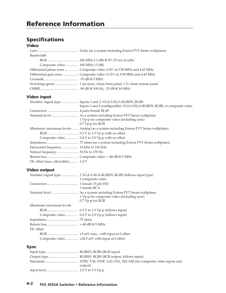 Specifications — pvs 305sa, Reference information, Specifications | Extron Electronics PVS 305SA User Guide User Manual | Page 47 / 56