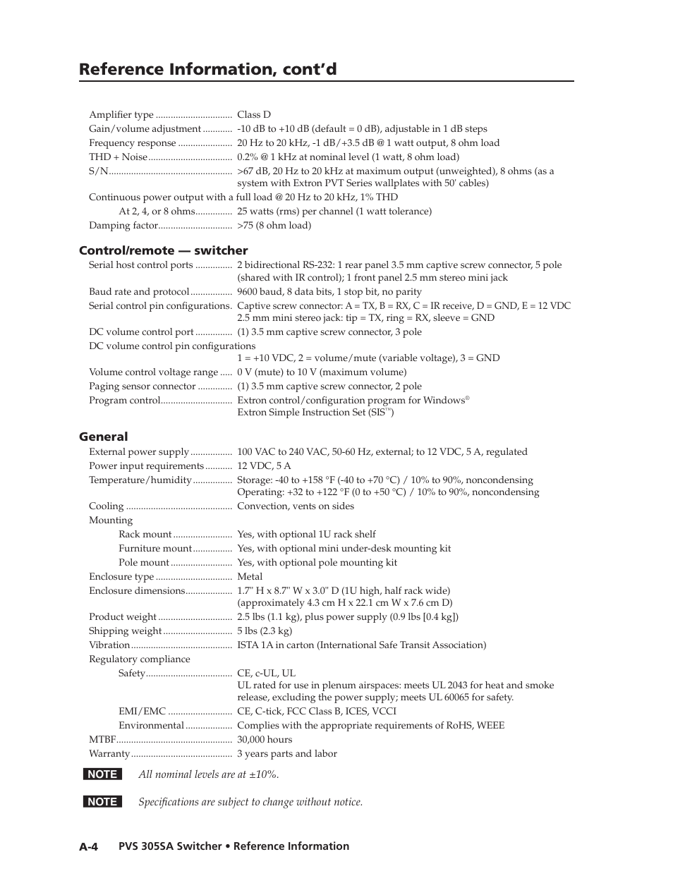 Reference information, cont’d | Extron Electronics PVS 305SA User Guide User Manual | Page 49 / 56