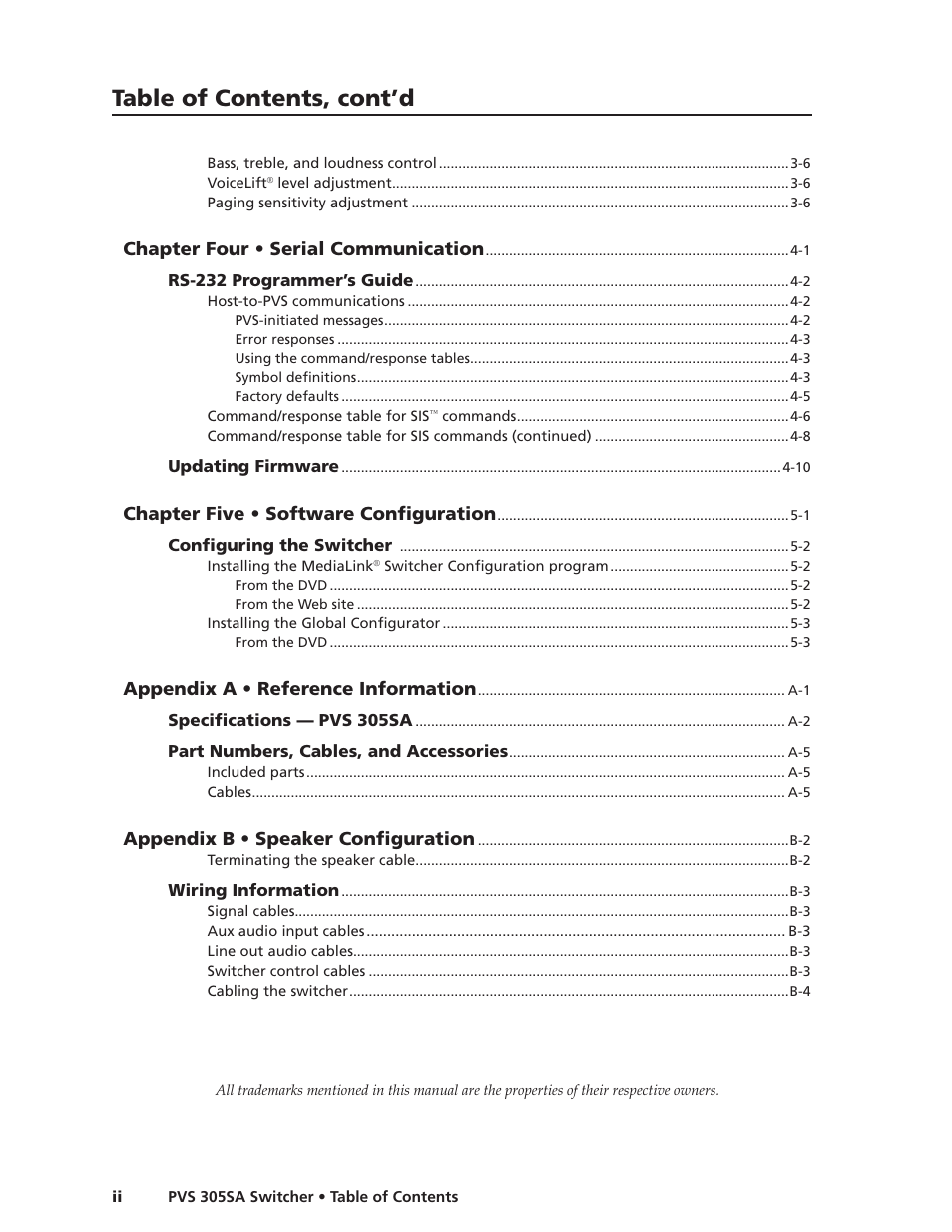 Preliminar y preliminar y, Table of contents, cont’d | Extron Electronics PVS 305SA User Guide User Manual | Page 5 / 56