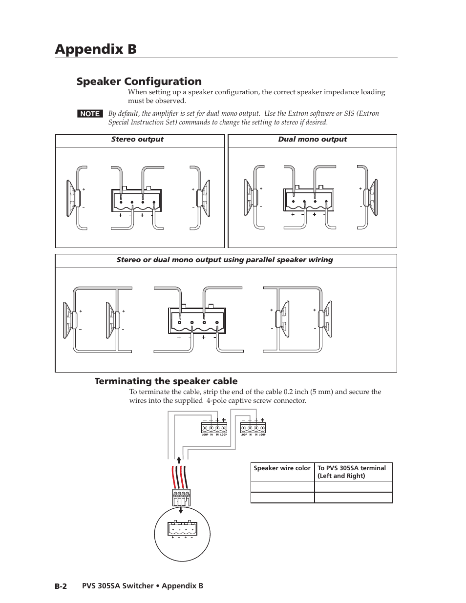 Speaker configuration, Terminating the speaker cable, Refer to | Appendix b, “speaker configuration, E connected to the pvs 305sa, See appendix b, Speaker configuration” section, for details, Appendix b, Pvs 305sa switcher • appendix b | Extron Electronics PVS 305SA User Guide User Manual | Page 52 / 56