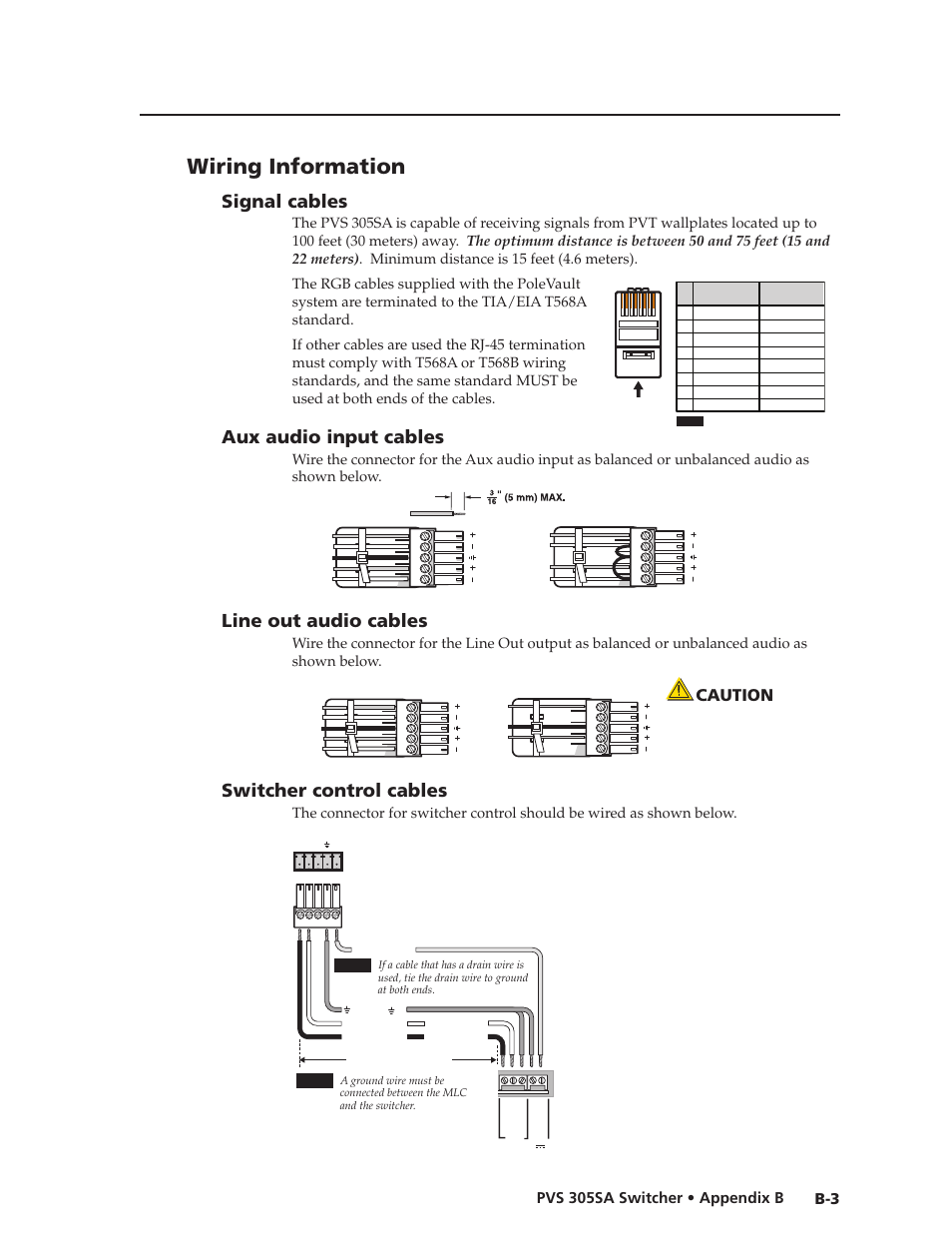 Wiring information, Signal cables, Line out audio cables | Switcher control cables, Signals, See appendix b, For wiring details, Aux audio input cables, Caution, Pvs 305sa switcher • appendix b | Extron Electronics PVS 305SA User Guide User Manual | Page 53 / 56