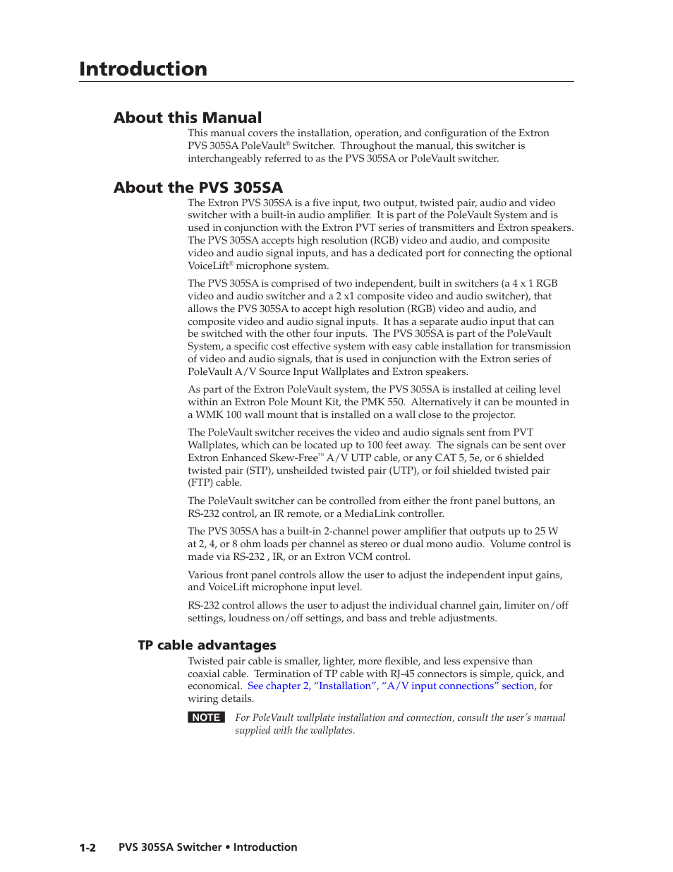 About this manual, About the pvs 305sa, Tp cable advantages | Tp cable advantages -2, Introduction | Extron Electronics PVS 305SA User Guide User Manual | Page 7 / 56