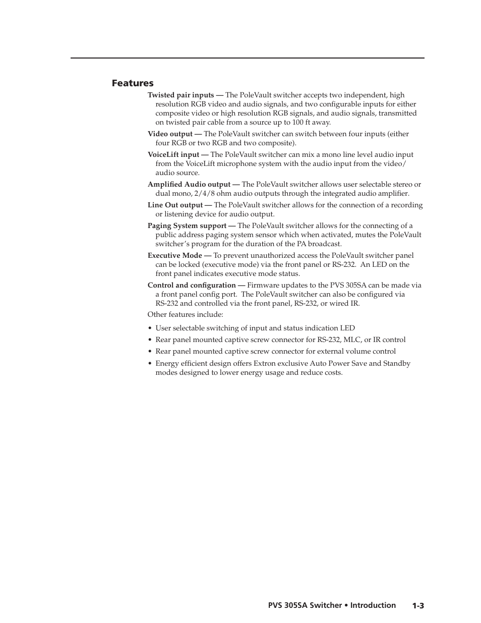 Features, Features -3 | Extron Electronics PVS 305SA User Guide User Manual | Page 8 / 56