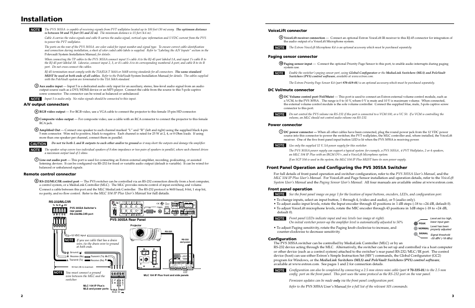 Preliminar y, Installation, Voicelift connector | Paging sensor connector, Dc vol/mute connector, Power connector, Front panel operation, Configuration, A/v output connectors, Remote control connector | Extron Electronics PVS 305SA Setup Guide User Manual | Page 2 / 2