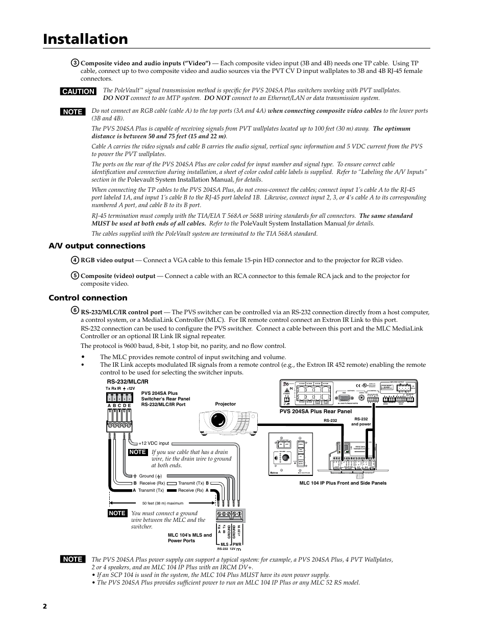 Preliminar y preliminar y, Installation, A/v output connections | Control connection, Config, The polevault, Rs-232/mlc/ir | Extron Electronics PVS 204SA Plus Installation Addendum User Manual | Page 2 / 4