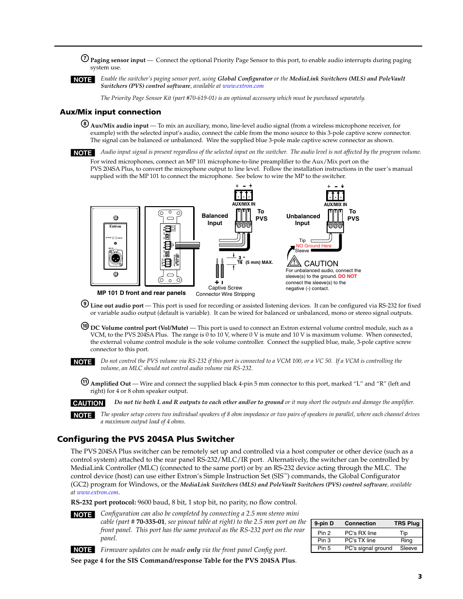 Configuring the pvs 204sa plus switcher, Aux/mix input connection, Caution | Extron Electronics PVS 204SA Plus Installation Addendum User Manual | Page 3 / 4