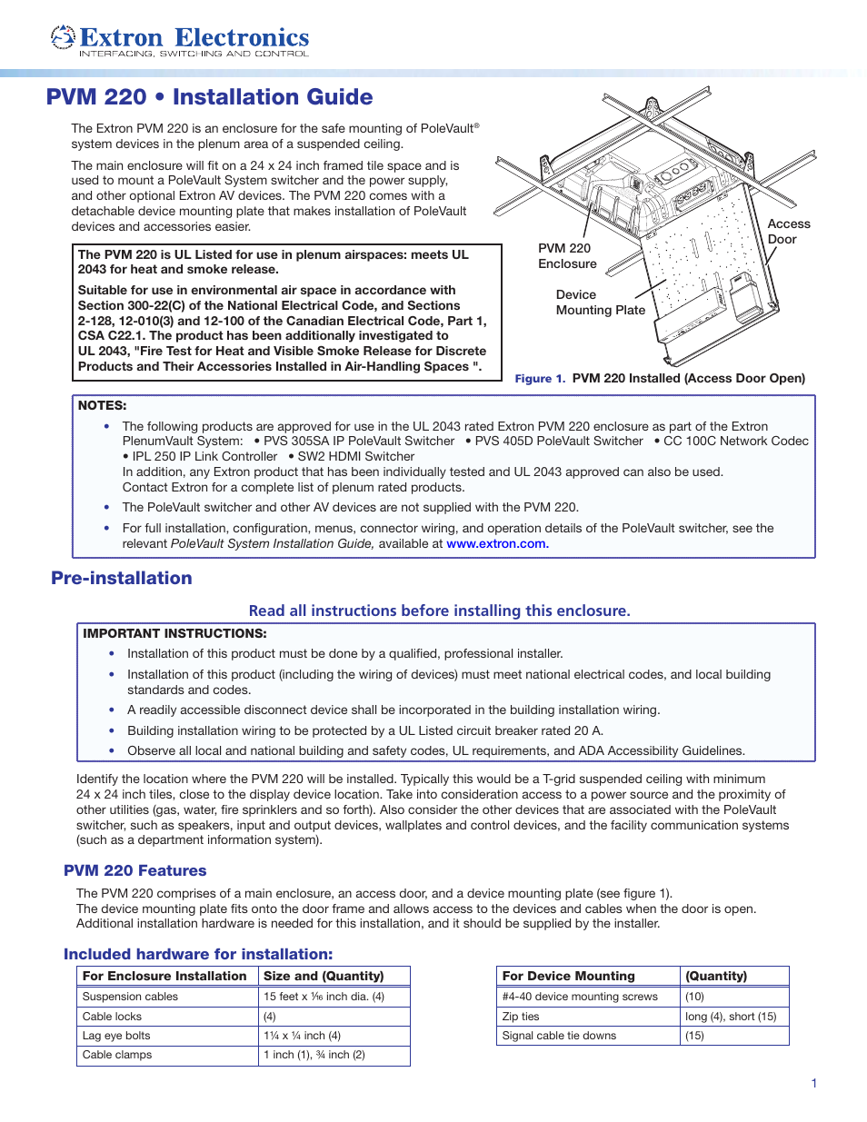 Extron Electronics PVM 220 Installation User Manual | 6 pages