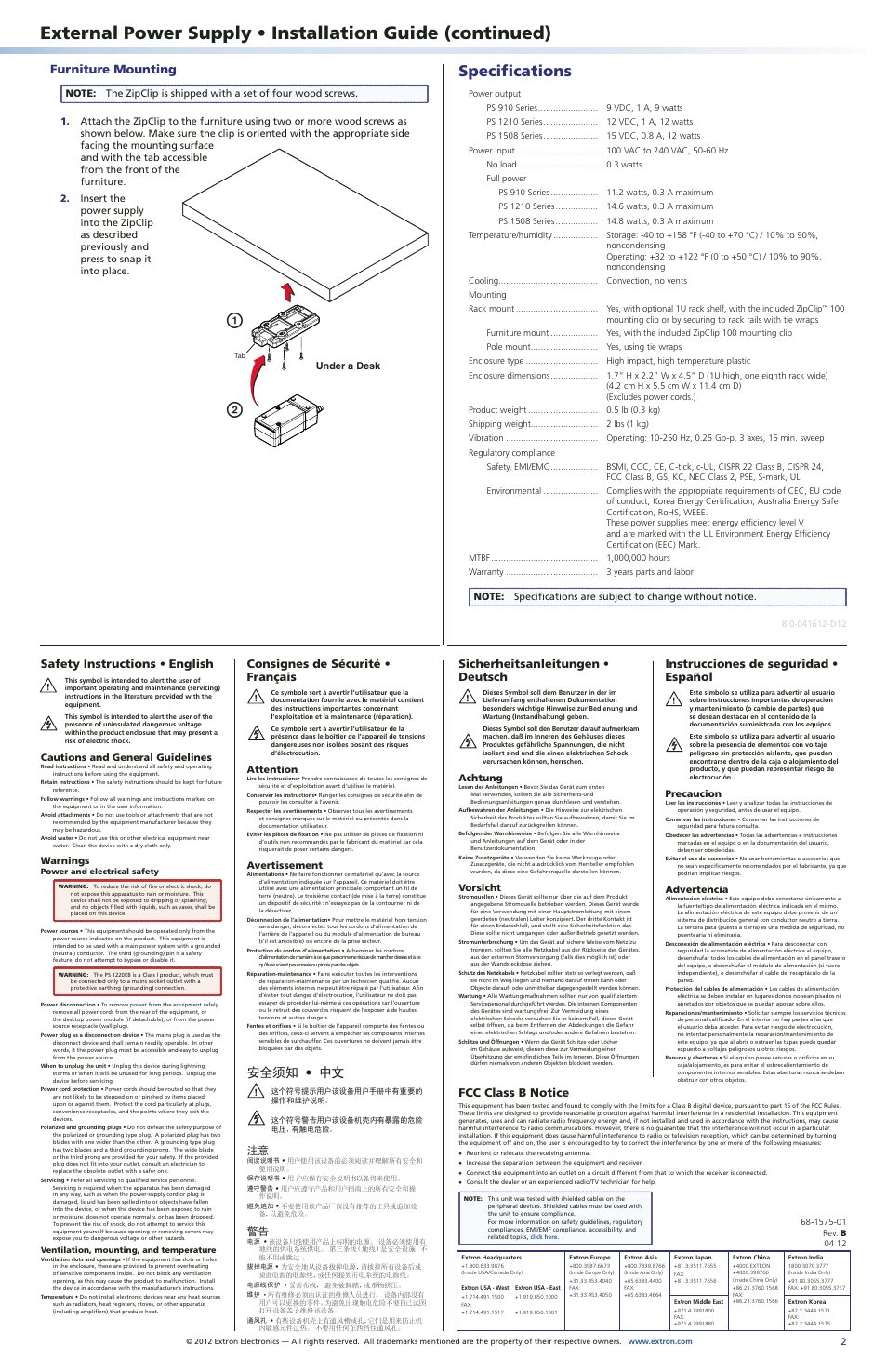 Furniture mounting, Specifications, Safety instructions | Fcc class b notice, Contact information (phone numbers), Safety instructions specifications, 安全须知 • 中文, Safety instructions • english, Consignes de sécurité • français, Sicherheitsanleitungen • deutsch | Extron Electronics Extron External Power Supply Installation User Manual | Page 2 / 2