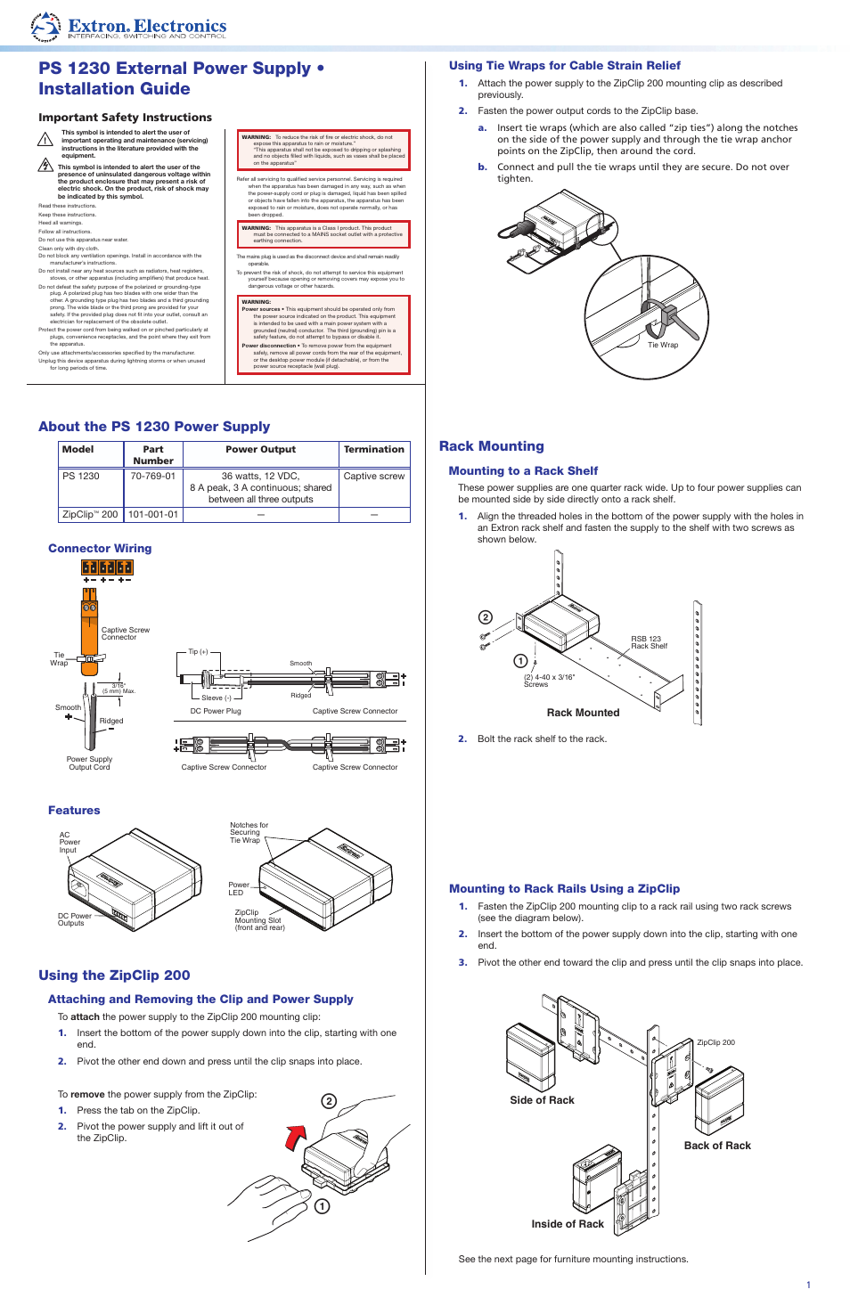 Extron Electronics PS 1230 Installation User Manual | 2 pages