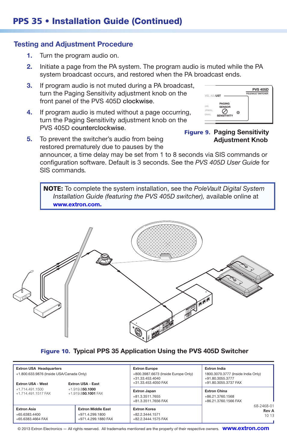 Pps 35 • installation guide (continued), Testing and adjustment procedure, Paging sensitivity adjustment knob | Figure 9, Figure 10, Pps 35, Classroom admin building, Pps 355, Extron pvs 405d polevault switcher, Front grille) | Extron Electronics PPS 35 Installation User Manual | Page 2 / 2
