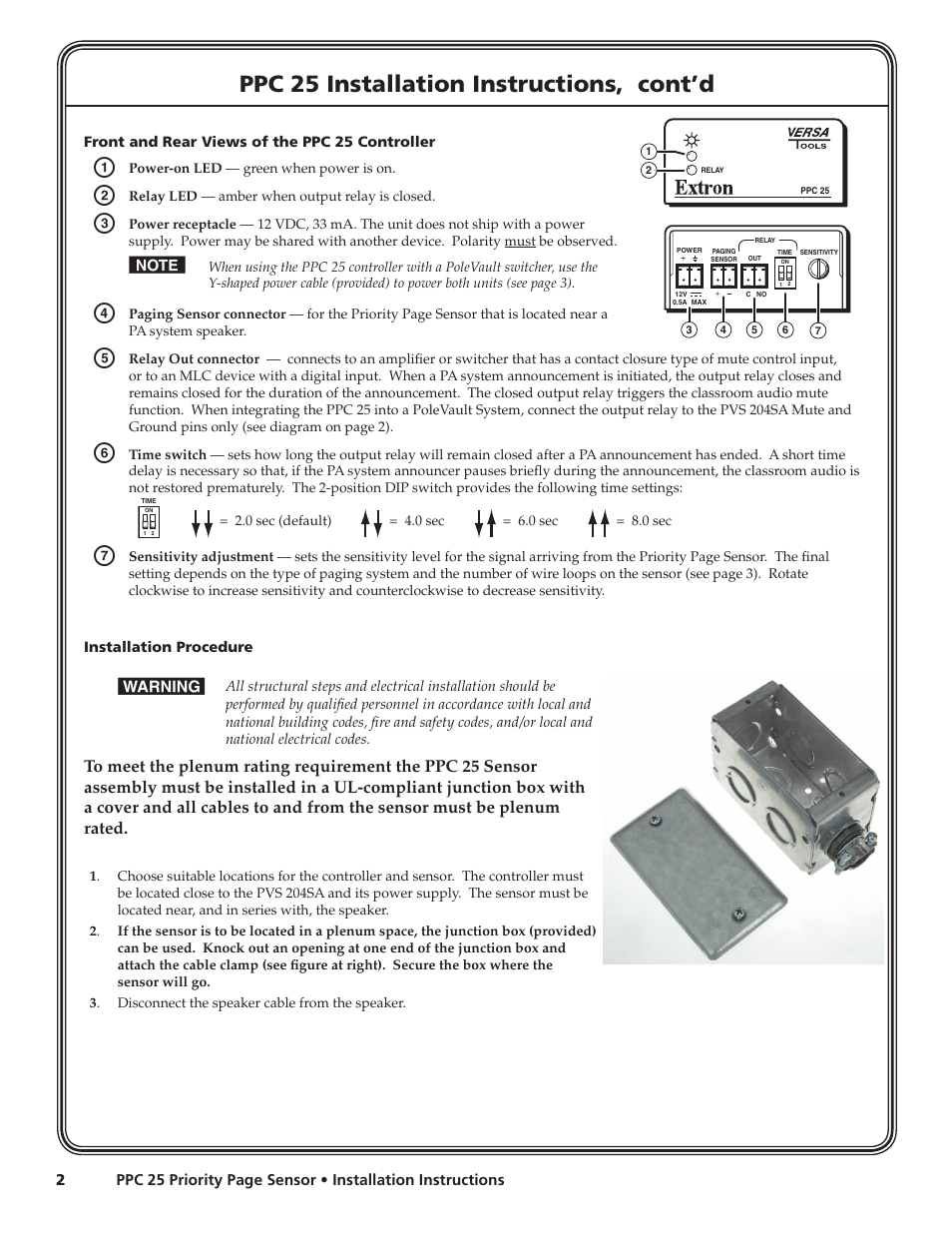 Front and rear views of the ppc 25 controller, Installation procedure, Ppc 25 installation instructions, cont’d | Extron Electronics PPC 25 Installation User Manual | Page 2 / 4