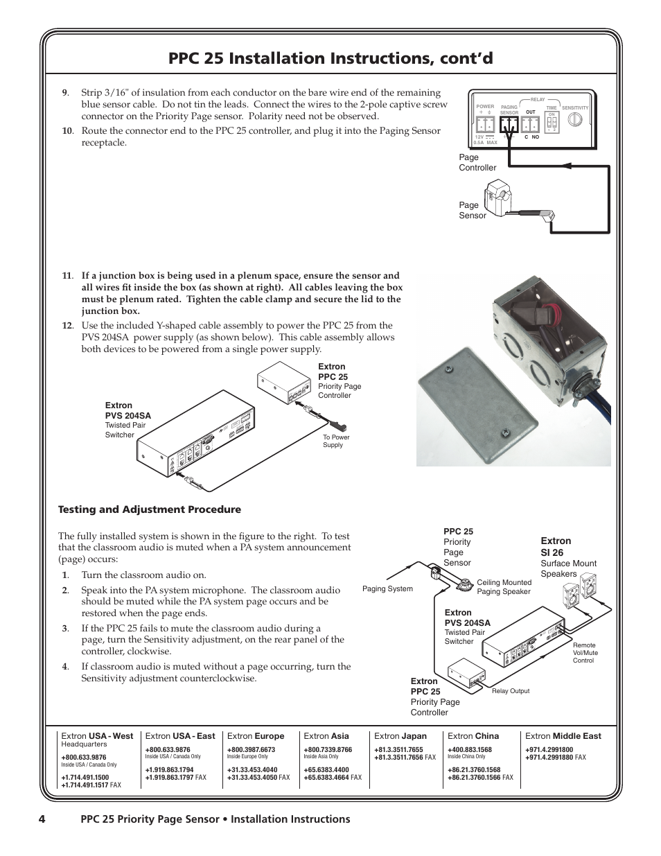 Testing and adjustment procedure, Extron contact information, Ppc 25 installation instructions, cont’d | Extron Electronics PPC 25 Installation User Manual | Page 4 / 4