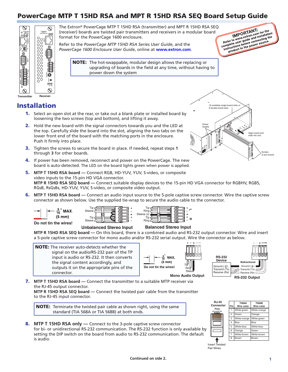 Extron Electronics PowerCage MPT R 15HD RSA SEQ Setup Guide User Manual | 2 pages