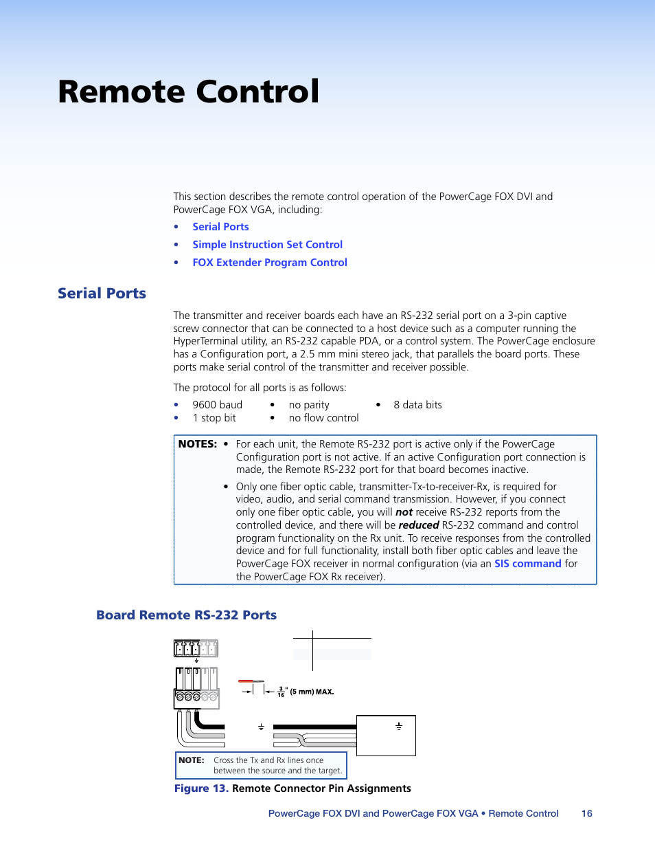Remote control, Serial ports, Board remote rs-232 ports | Extron Electronics PowerCage FOX Tx_Rx DVI Plus User Guide User Manual | Page 21 / 48