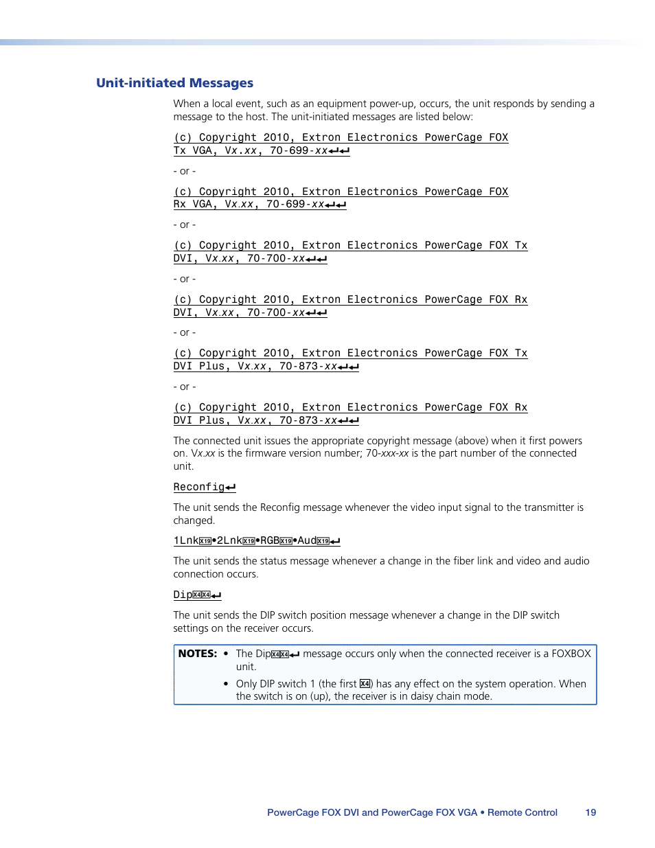 Unit-initiated messages | Extron Electronics PowerCage FOX Tx_Rx DVI Plus User Guide User Manual | Page 24 / 48