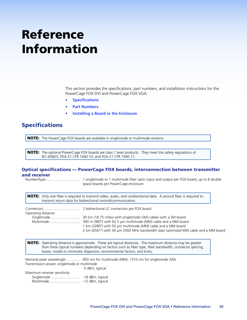 Reference information, Specifications | Extron Electronics PowerCage FOX Tx_Rx DVI Plus User Guide User Manual | Page 41 / 48