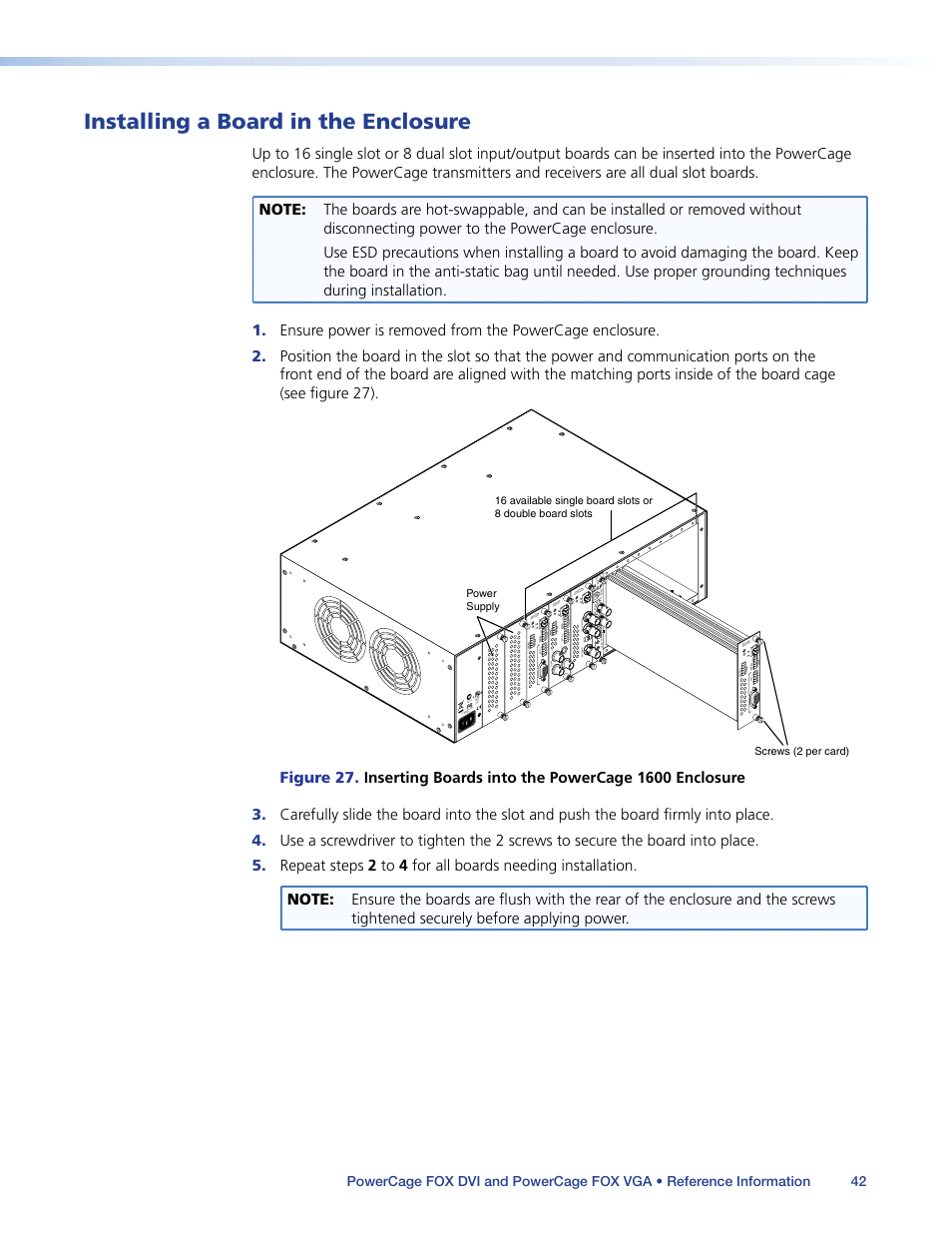 Installing a board in the enclosure | Extron Electronics PowerCage FOX Tx_Rx DVI Plus User Guide User Manual | Page 47 / 48