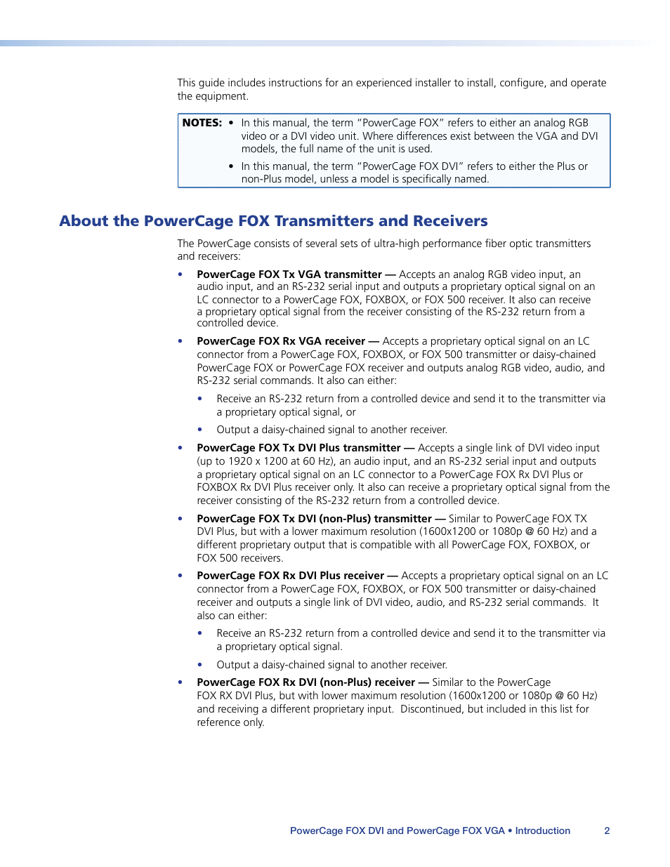 About the powercage fox transmitters and receivers, About the powercage fox transmitters and, Receivers | Extron Electronics PowerCage FOX Tx_Rx DVI Plus User Guide User Manual | Page 7 / 48