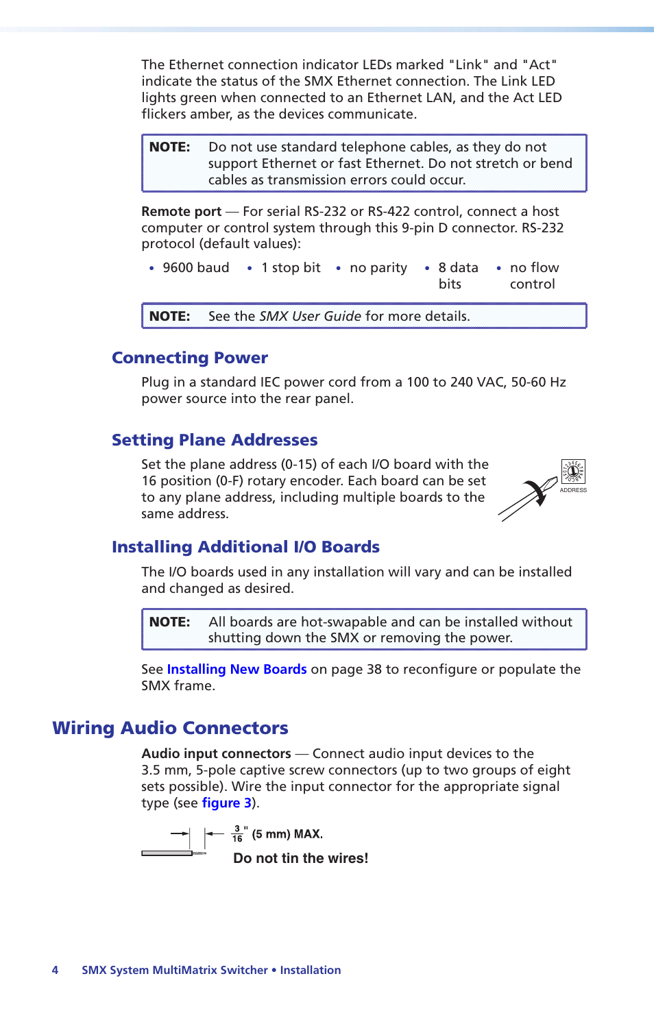 Connecting power, Setting plane addresses, Installing additional i/o boards | Wiring audio connectors, Signal types or see | Extron Electronics SMX System Setup Guide User Manual | Page 10 / 48