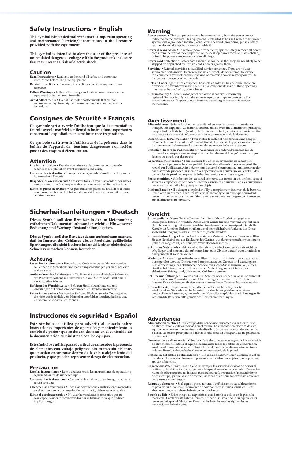 Instrucciones de seguridad • español, Caution, Warning | Attention, Avertissement, Achtung, Vorsicht, Precaucion, Advertencia | Extron Electronics SMX System Setup Guide User Manual | Page 2 / 48