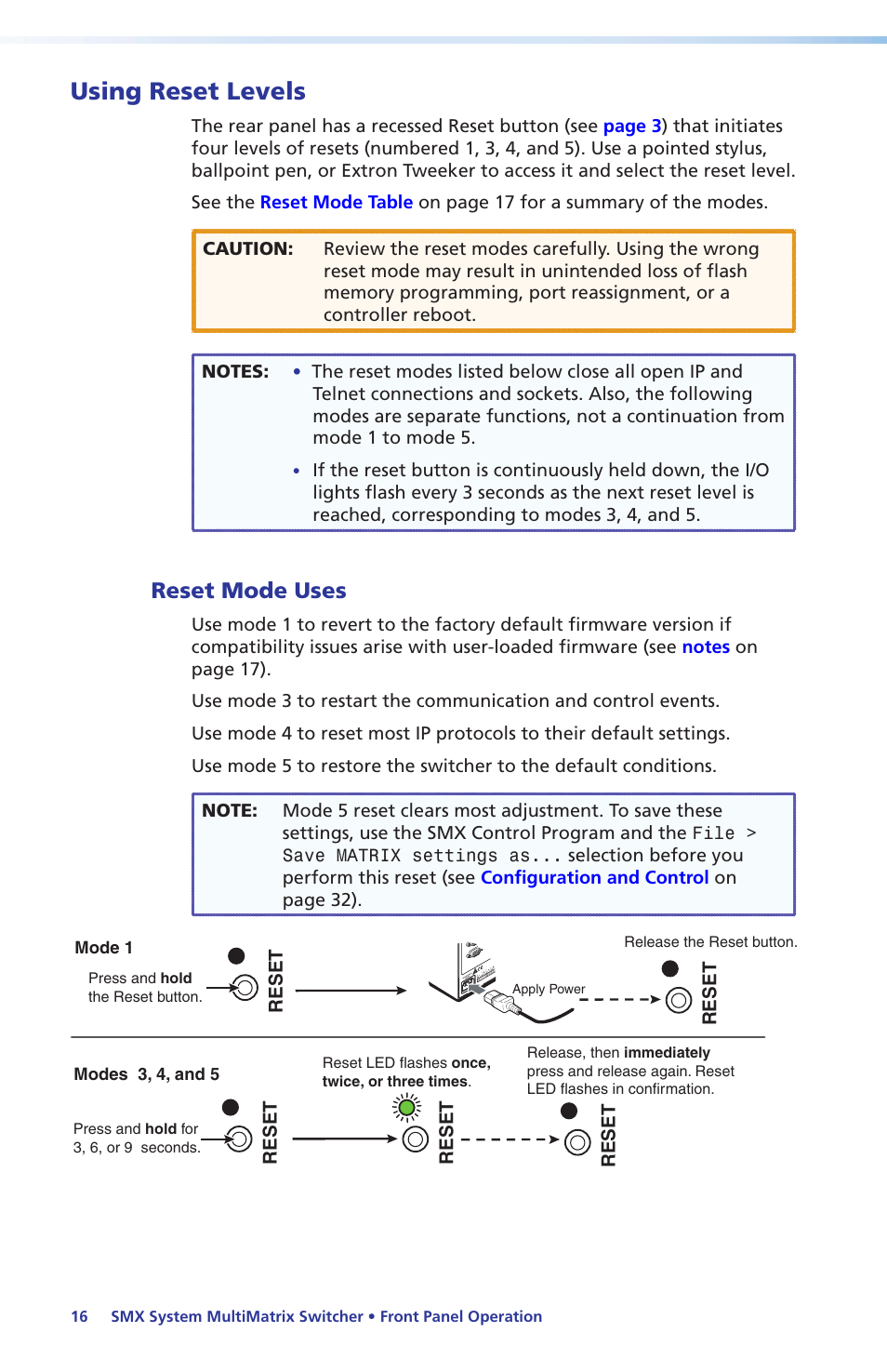 Using reset levels, Reset mode uses | Extron Electronics SMX System Setup Guide User Manual | Page 22 / 48