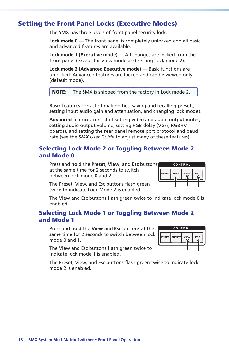 Setting the front panel locks (executive modes), Setting the front panel locks, Executive modes) | Selecting lock mode 2 selecting lock mode 1 | Extron Electronics SMX System Setup Guide User Manual | Page 24 / 48