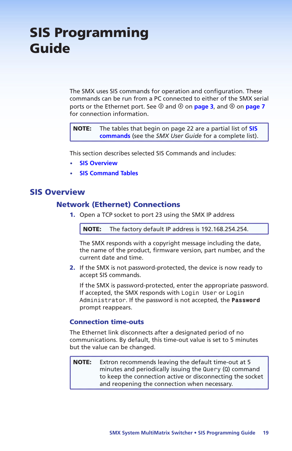 Sis programming guide, Sis overview, Network (ethernet) connections | Network (ethernet), Connections | Extron Electronics SMX System Setup Guide User Manual | Page 25 / 48