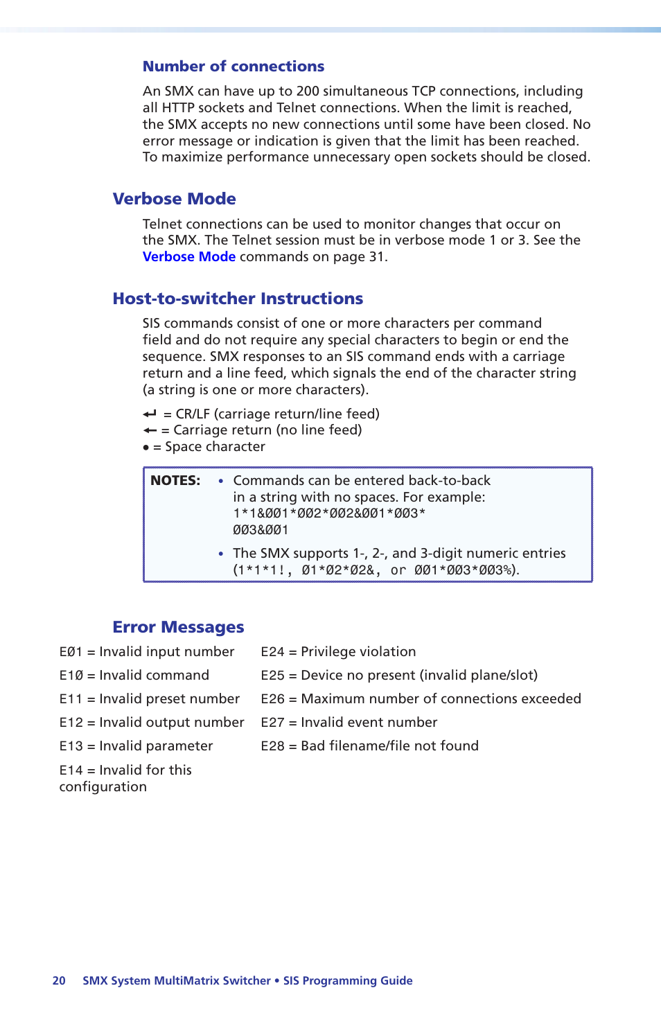 Verbose mode, Host-to-switcher instructions, Error messages | Extron Electronics SMX System Setup Guide User Manual | Page 26 / 48