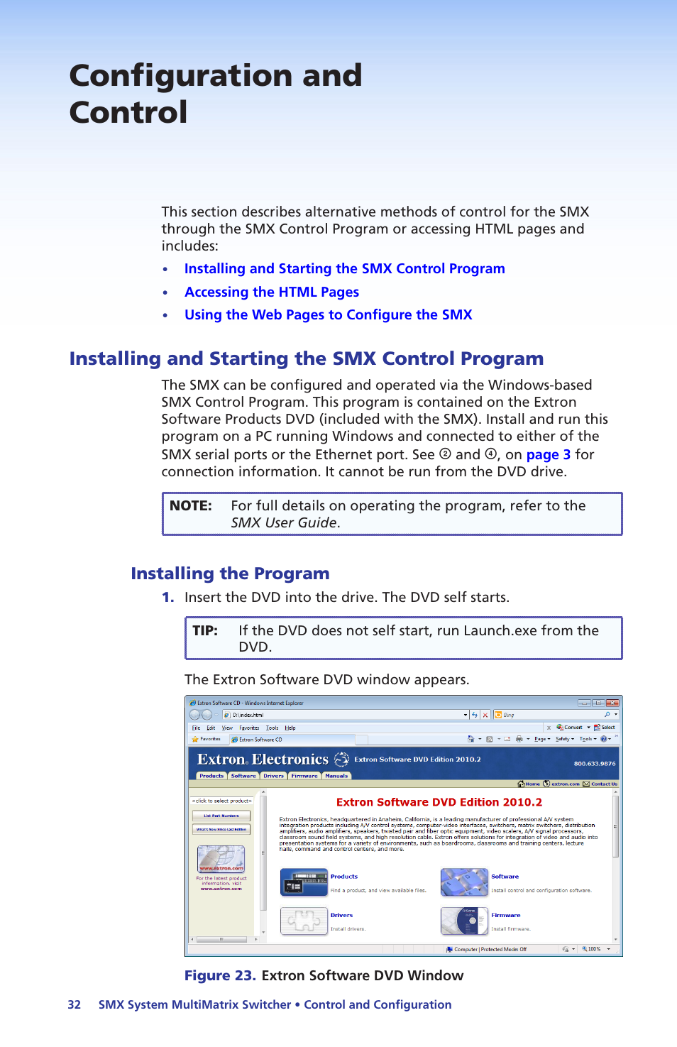 Configuration and control, Installing and starting the smx control program, Installing the program | Installing and starting the smx, Control program, Perform this reset (see | Extron Electronics SMX System Setup Guide User Manual | Page 38 / 48