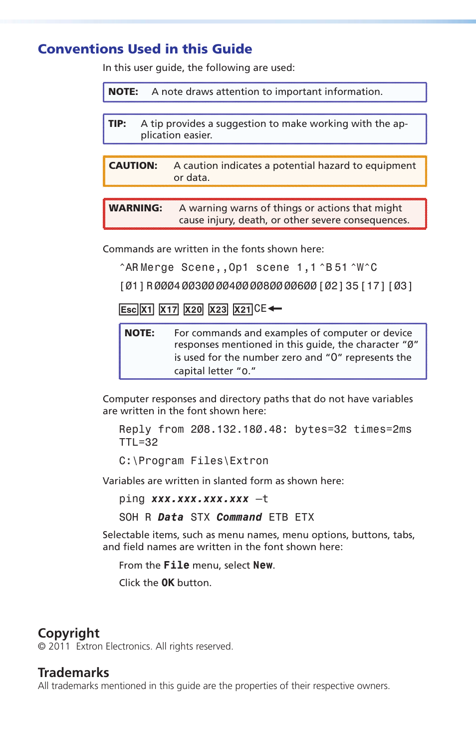 Conventions used in this guide, Copyright, Trademarks | Extron Electronics SMX System Setup Guide User Manual | Page 4 / 48