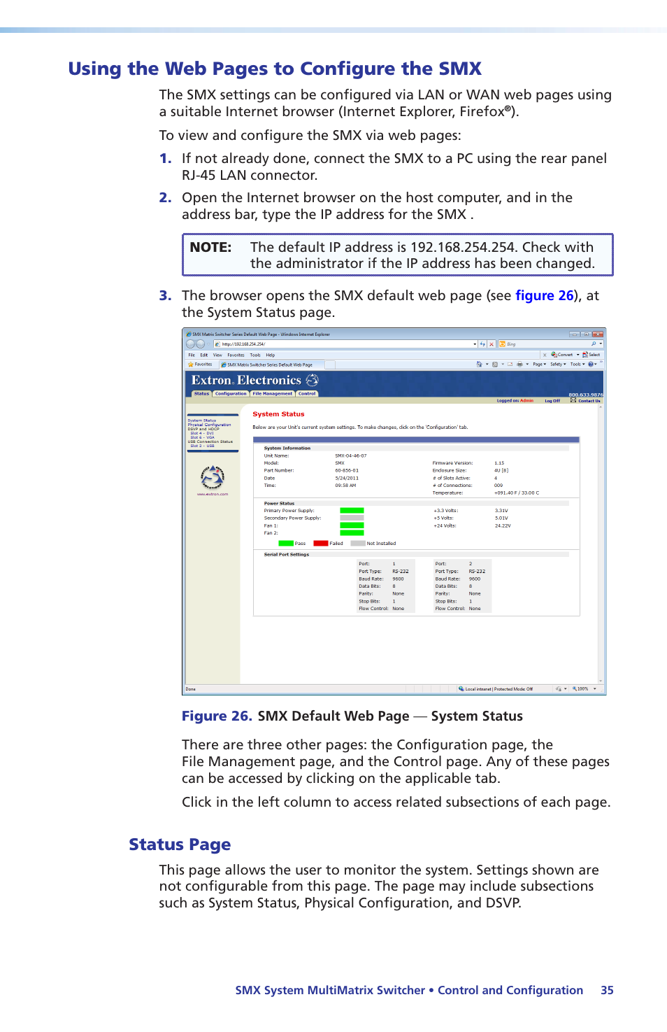 Installing the smx control program, or, Configure the smx, Using the web pages to configure the smx | Status page | Extron Electronics SMX System Setup Guide User Manual | Page 41 / 48