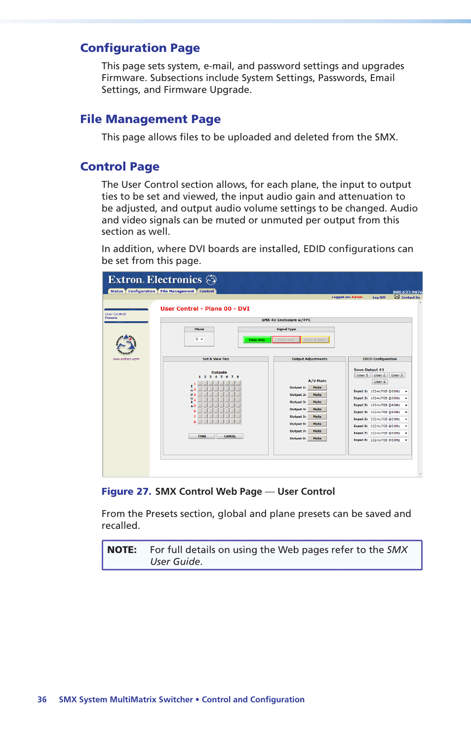 Configuration page, File management page, Control page | Extron Electronics SMX System Setup Guide User Manual | Page 42 / 48