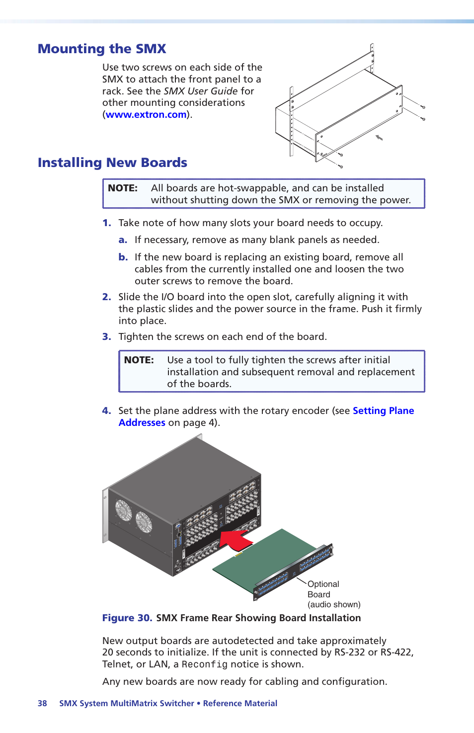 Mounting the smx, Installing new boards, Mounting the smx installing new boards | Extron Electronics SMX System Setup Guide User Manual | Page 44 / 48