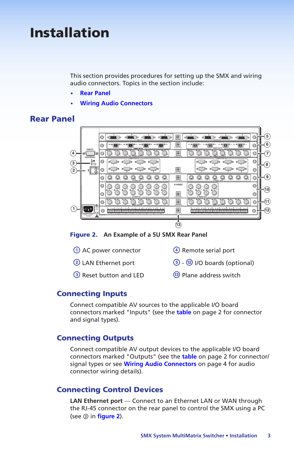 Installation, Rear panel, Connecting inputs | Connecting outputs, Connecting control devices, Wiring audio connectors, Figure 2. an example of a 5u smx rear panel, Ac power connector, Remote serial port, Lan ethernet port | Extron Electronics SMX System Setup Guide User Manual | Page 9 / 48