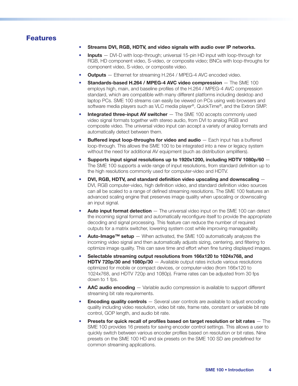 Features | Extron Electronics SME 100 User Guide User Manual | Page 10 / 185