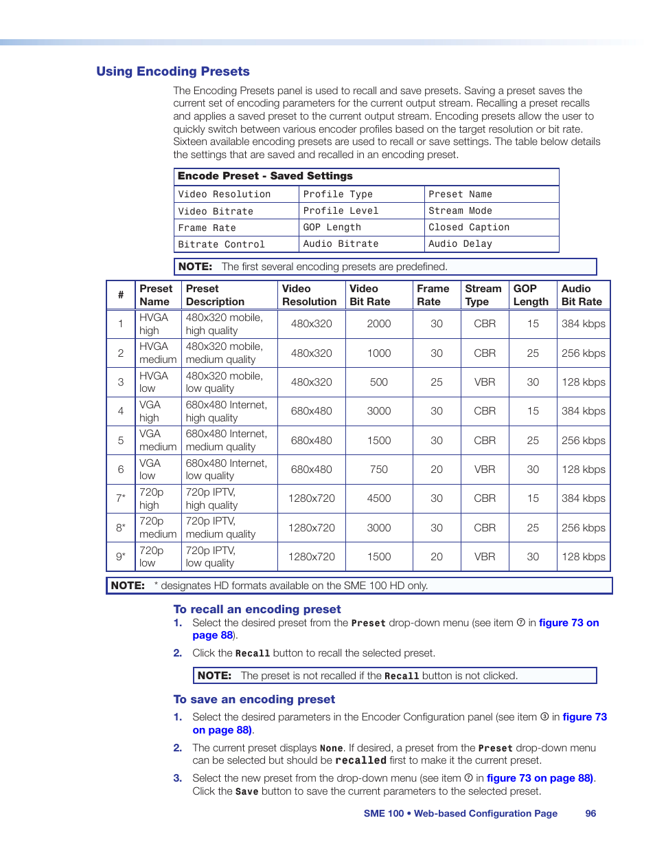 Using encoding presets | Extron Electronics SME 100 User Guide User Manual | Page 102 / 185