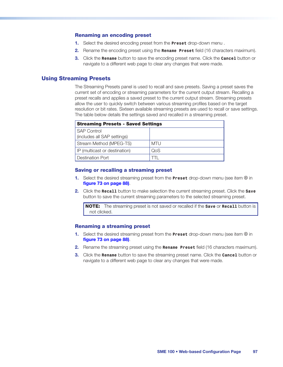 Using streaming presets, Web-based user interface, see the | Extron Electronics SME 100 User Guide User Manual | Page 103 / 185