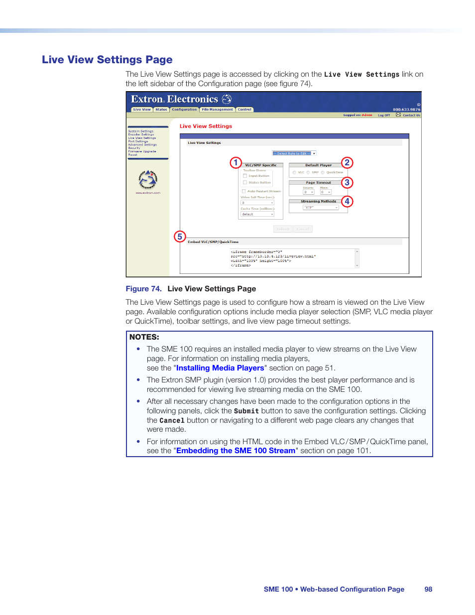 Live view settings, See the, Live view | Op-down menu on the, Settings, Player on the sme 100 (see, Live view settings page | Extron Electronics SME 100 User Guide User Manual | Page 104 / 185