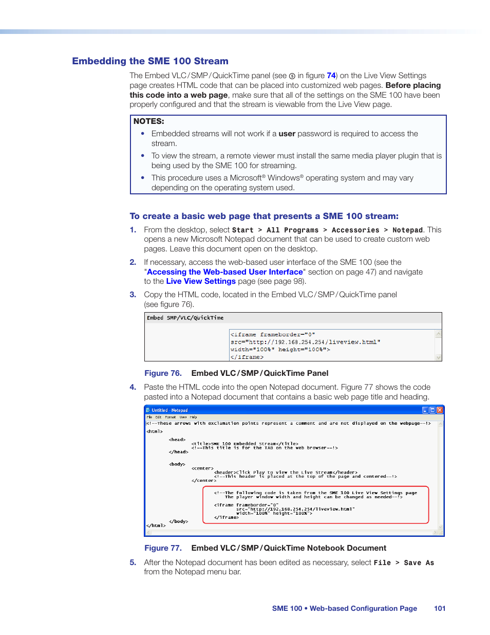 Embedding the sme 100 stream, See the | Extron Electronics SME 100 User Guide User Manual | Page 107 / 185