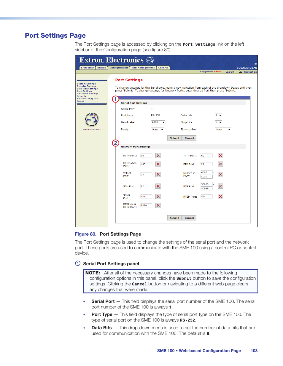 Unit. this setting can be changed on the, Port settings, This setting can be changed on the | Port settings page | Extron Electronics SME 100 User Guide User Manual | Page 109 / 185