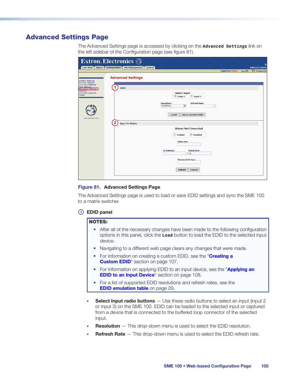 Custom input edid, see the, Advanced settings page | Extron Electronics SME 100 User Guide User Manual | Page 111 / 185