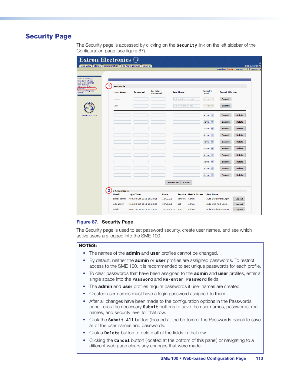 O see the connected users, go to the, Security, Security page | Extron Electronics SME 100 User Guide User Manual | Page 119 / 185