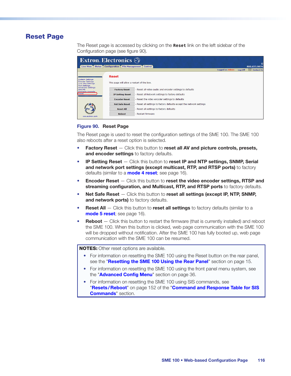 See the, Reset page | Extron Electronics SME 100 User Guide User Manual | Page 122 / 185