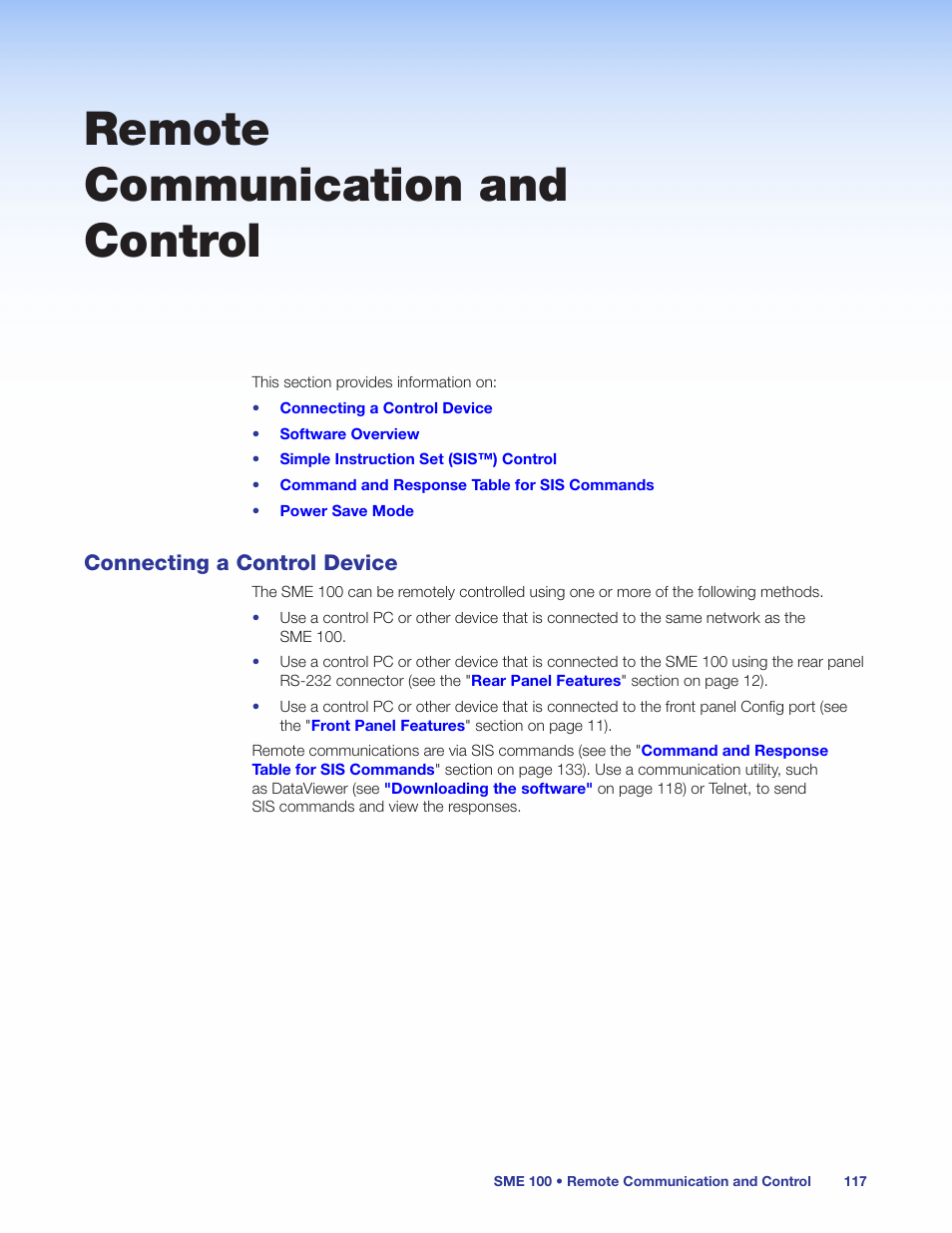 Remote communication and control, Connecting a control device, See the | Extron Electronics SME 100 User Guide User Manual | Page 123 / 185