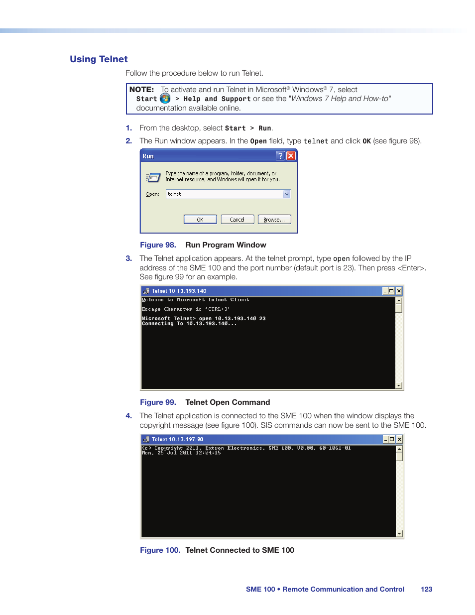 Using telnet | Extron Electronics SME 100 User Guide User Manual | Page 129 / 185