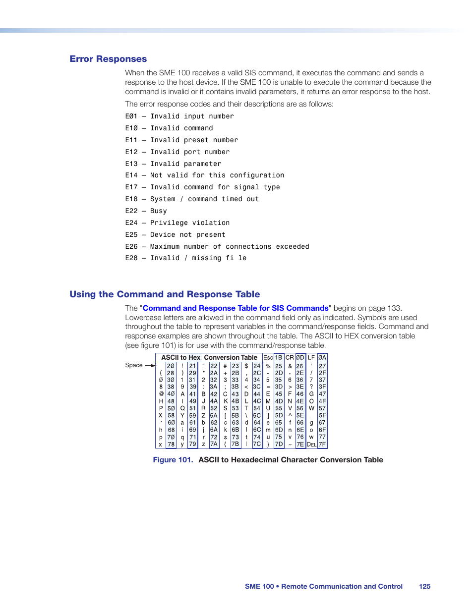 Error responses, Using the command and response table, Error responses using the command and | Response table | Extron Electronics SME 100 User Guide User Manual | Page 131 / 185