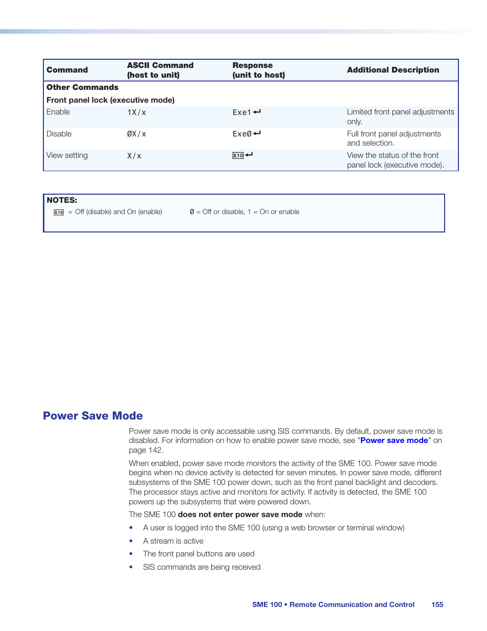 Power save mode, Front panel lock (executive mode) | Extron Electronics SME 100 User Guide User Manual | Page 161 / 185