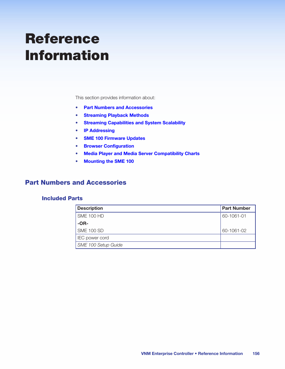 Reference information, Part numbers and accessories, Included parts | Extron Electronics SME 100 User Guide User Manual | Page 162 / 185